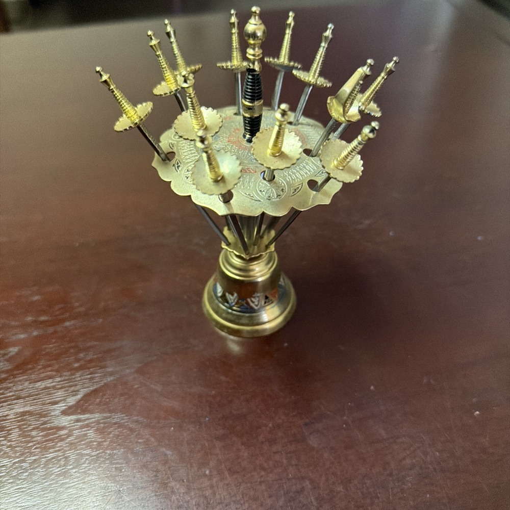 - Vintage  Spain Mini Sword Cocktail Appetizer 12 Pick Set W/ Brass Stand Bell